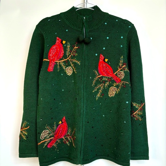 VTG Cardinal Winter Holiday Christmas Sweater Zip-up Cardigan Beaded Sequins Med - Picture 1 of 14